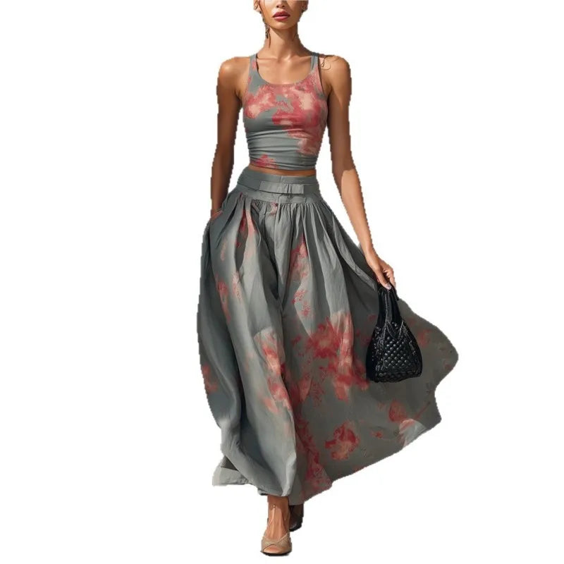 Women's Bohemian Print Top & High-Waist Skirt 2-Piece Suit Set