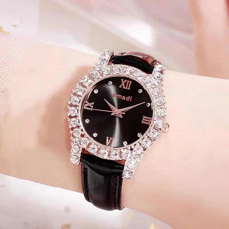 Elegant Rhinestone Leather Strap Quartz Watch