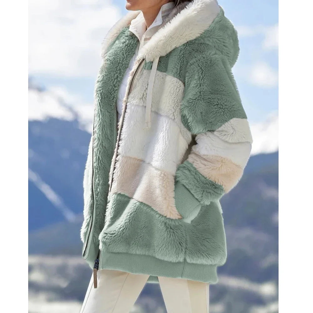 Women's Oversized Plush Hooded Zip-Up Cashmere Streetwear Coat