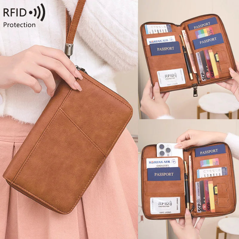 RFID Blocking Family Travel Passport Wallet – Zippered Multi-Card Organizer Wristlet