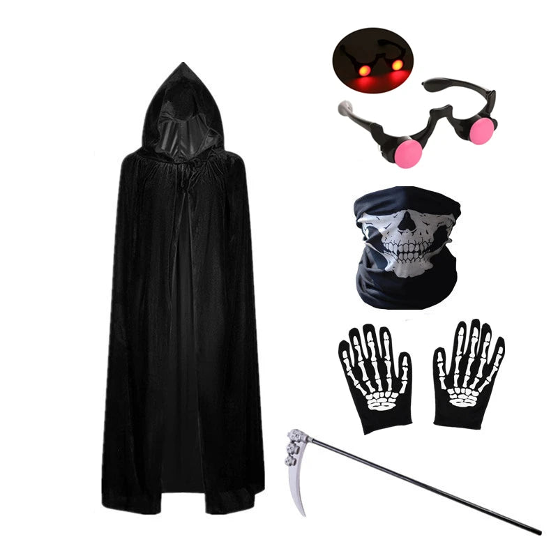 Kids' Grim Reaper Costume – Red-Eyed Hooded Robe with Glowing Glasses & Scythe Set