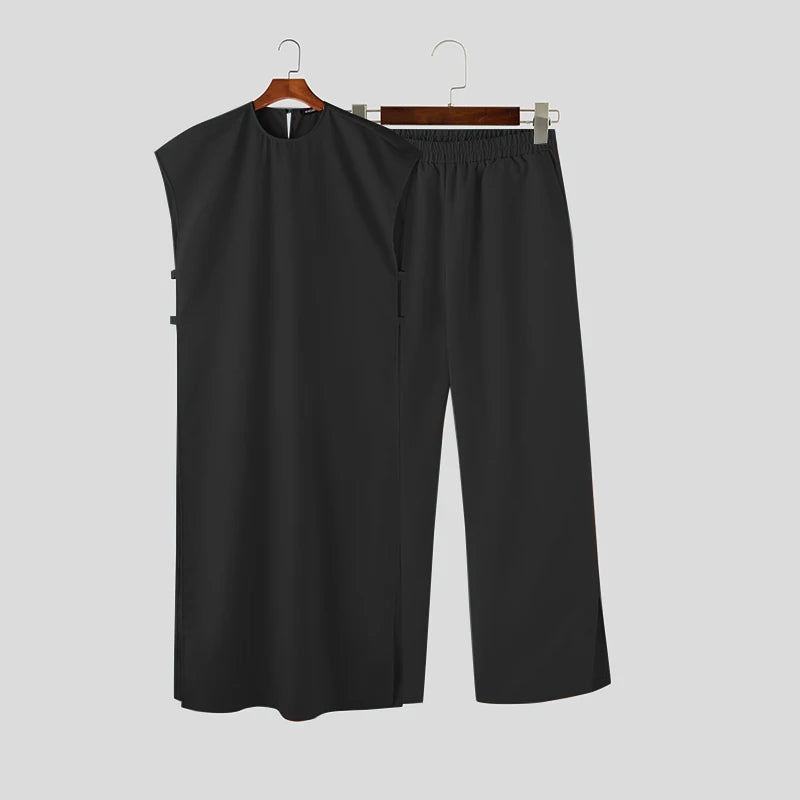 INCERUN Men's Sleeveless Kaftan Jubba Thobe & Pants 2-Piece Set