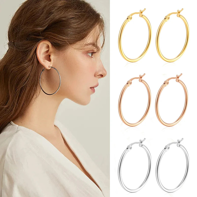 Classic Stainless Steel Big Hoop Earrings – Lightweight Round Circle Jewelry (30-80mm)