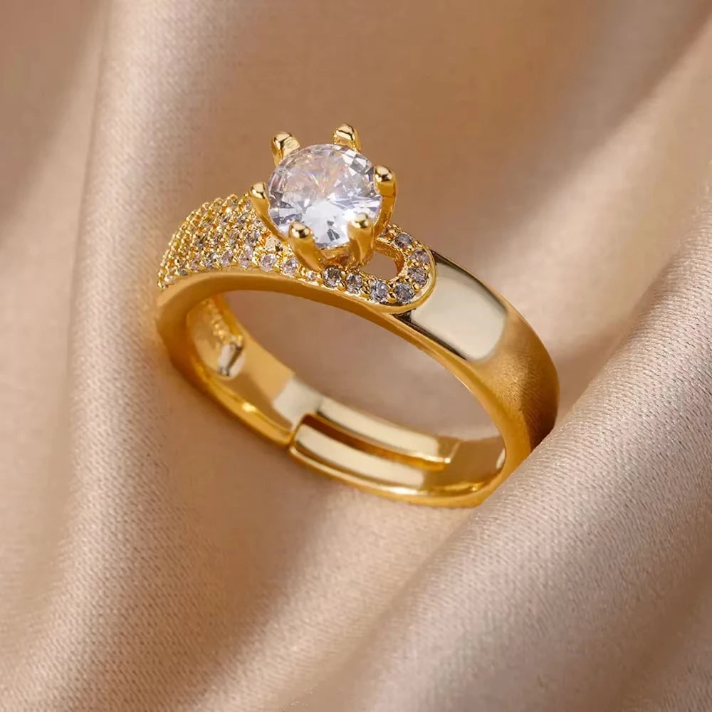 18K Gold Plated Zircon Geometric Open Ring – Trendy Waterproof Stainless Steel Jewelry