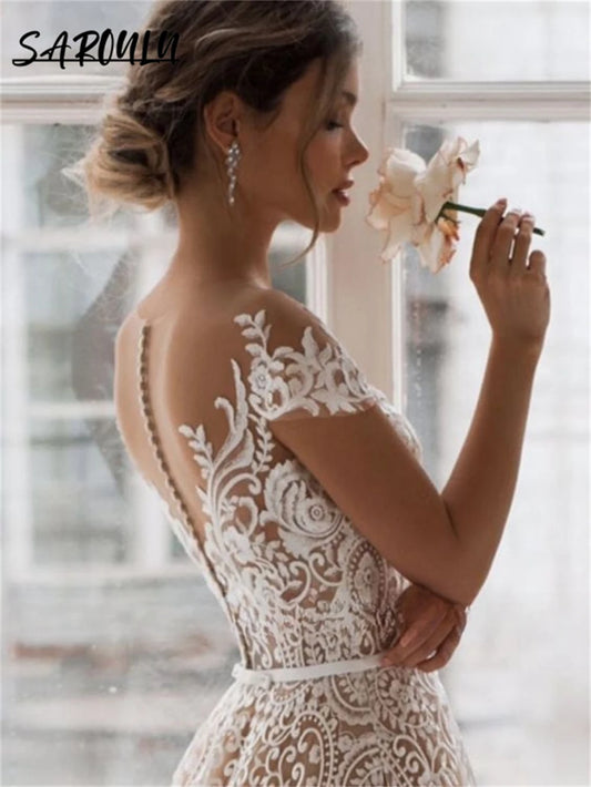 Romantic Lace A-Line Wedding Dress – Scoop Neck Backless Bridal Gown