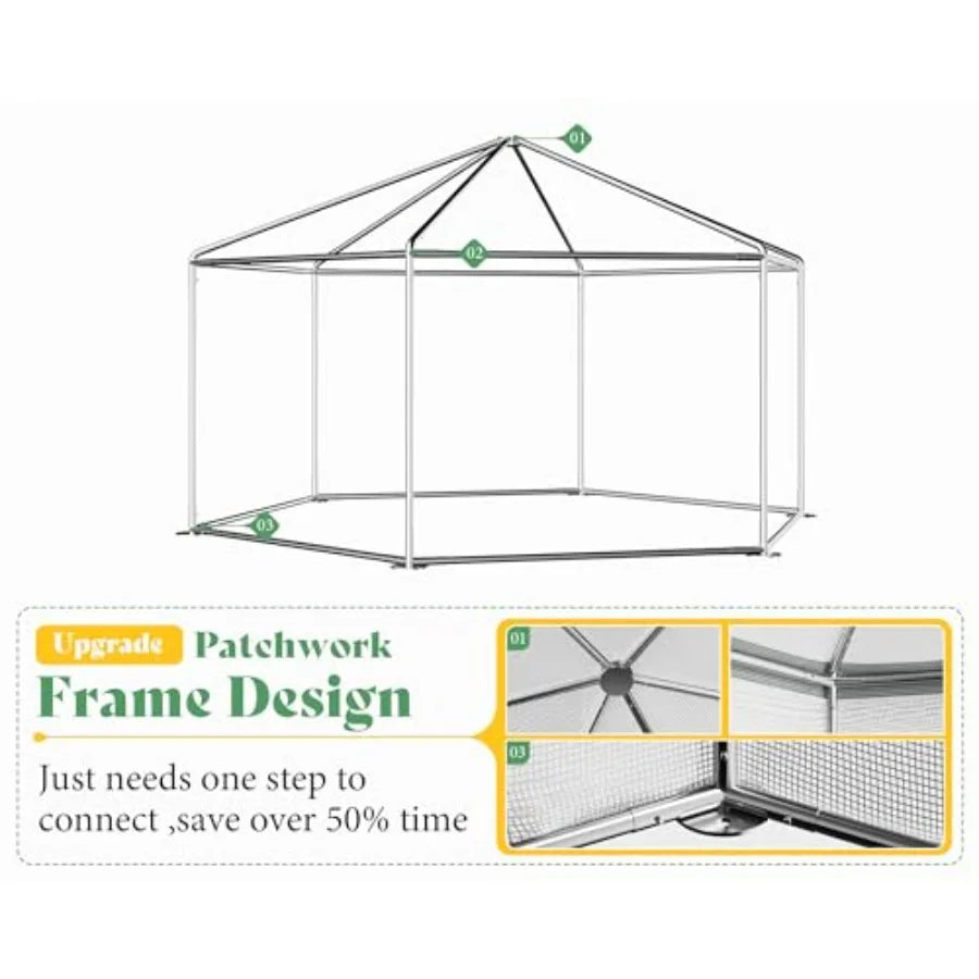 13.5x13.5x9FT Hexagonal Walk-in Greenhouse Heavy-Duty with Windbreak Ropes Waterproof PE Cover Ground Stakes