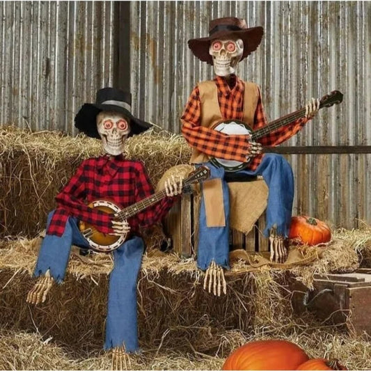 Animated Banjo Playing Skeleton Scarecrow Halloween Decor