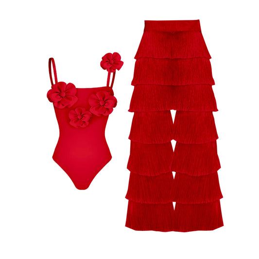 Solid Red Flower One-piece Swimsuit