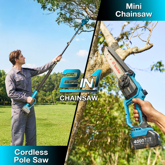 TaskStar 2-in-1 Electric Pole Saw 8" Cordless Chainsaw With Telescoping Rod