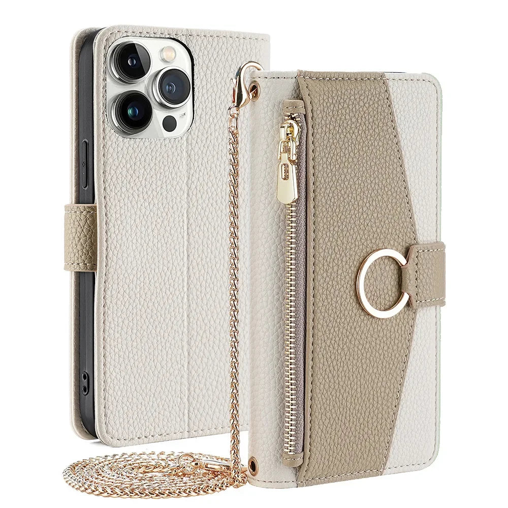 Crossbody Leather Zipper Wallet Case for iPhone Flip Mirror Cover Long Lanyard