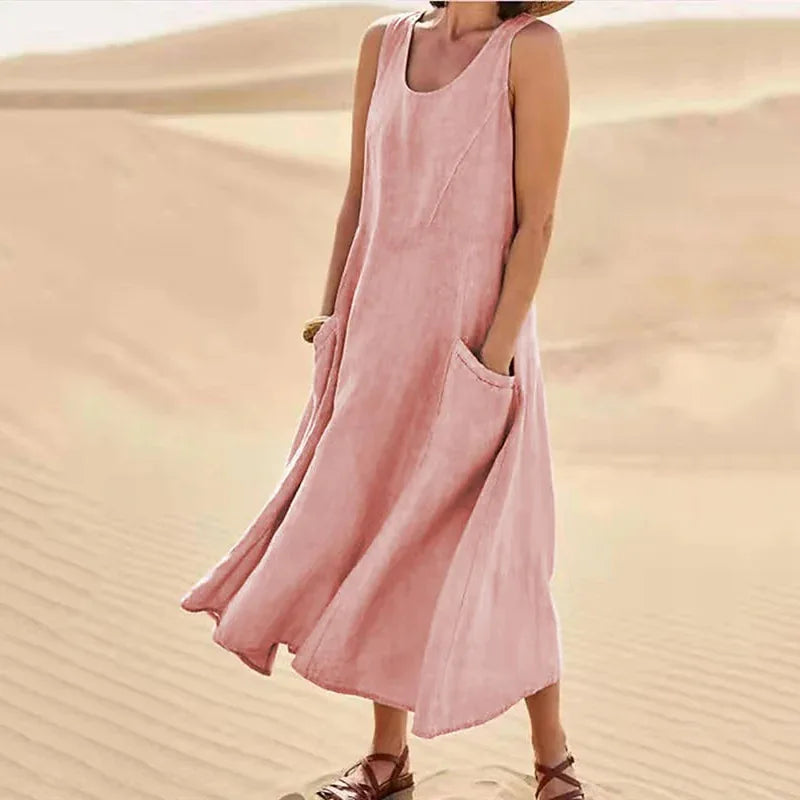 Cotton Linen Sleeveless Double Big Pocket Loose Dress
