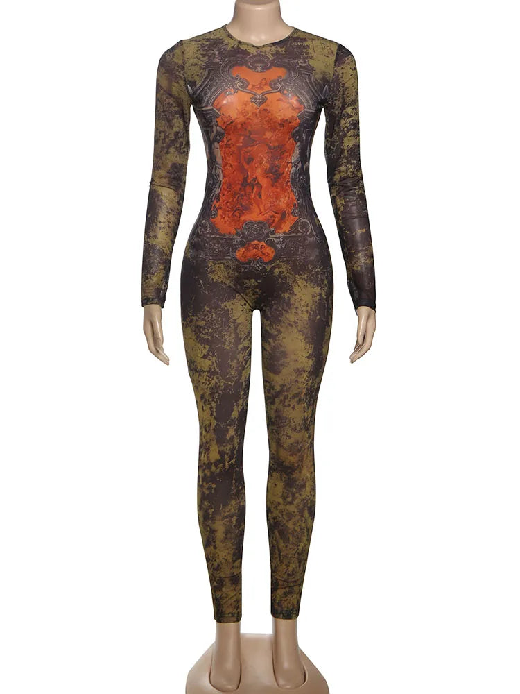 Women’s Tie-Dye Long Sleeve Zip Front Bodysuit Jumpsuit