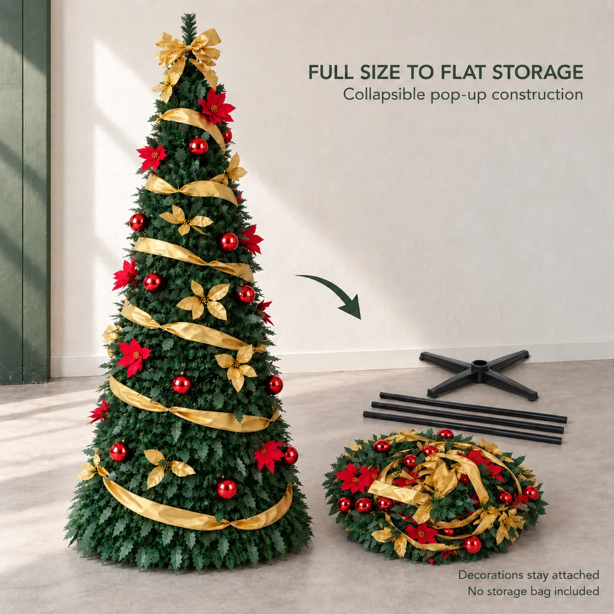 Pop-Up Pre-Decorated Foldable Christmas Tree – Space-Saving Artificial Holiday Xmas Tree with Ornaments & Lights