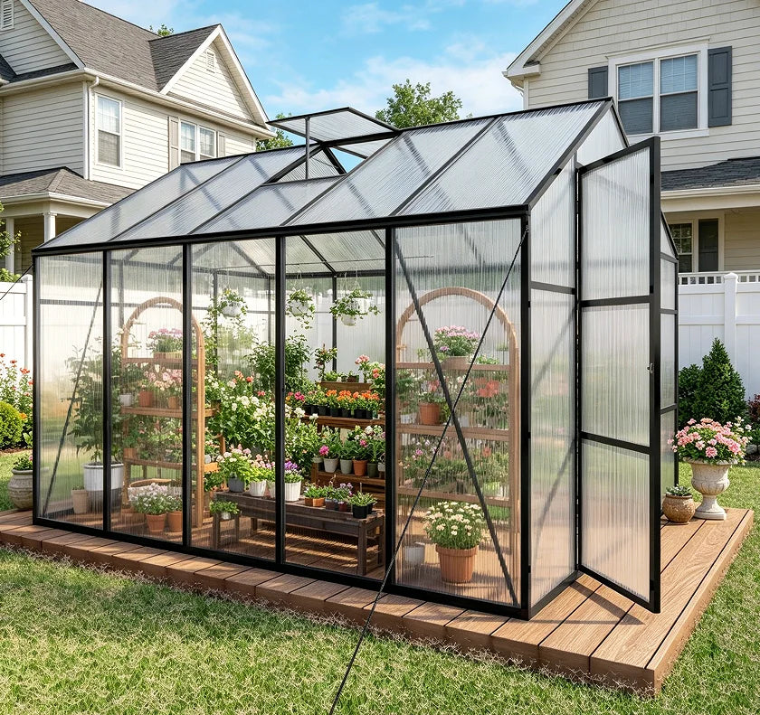 SUSUA 8x10FT Polycarbonate Raised Base and Anchor Aluminum Heavy Duty Greenhouse