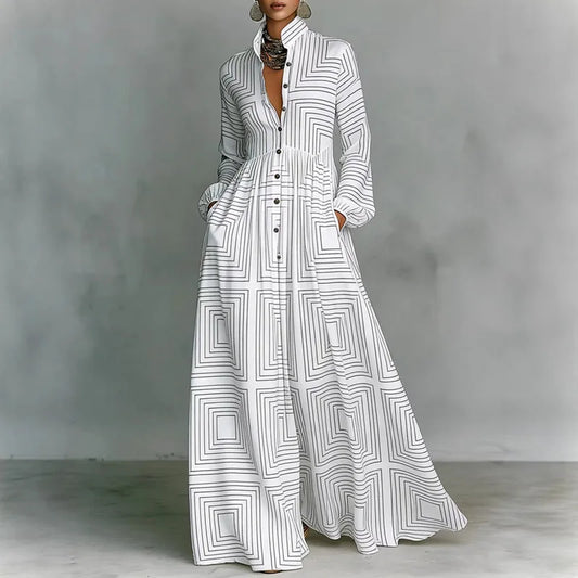 Women's Retro Print High-Waist Boho Shirt Dress