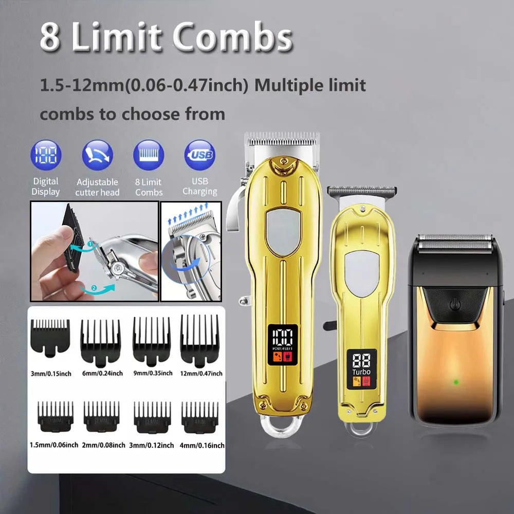 Professional 3-in-1 Hair Clipper & Trimmer Set – Cordless Grooming Kit with LCD Display