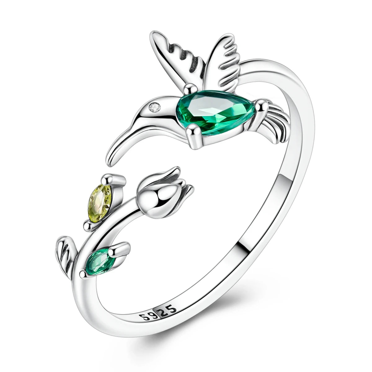MULA 925 Sterling Silver Tulip Hummingbird Adjustable Ring