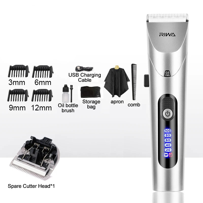 RIWA Professional Cordless Hair Clipper – USB Rechargeable LCD Grooming Kit