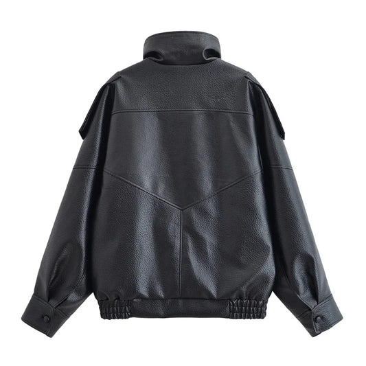 Women's Black Faux Leather Motorcycle Jacket – Long Sleeve Casual Coat
