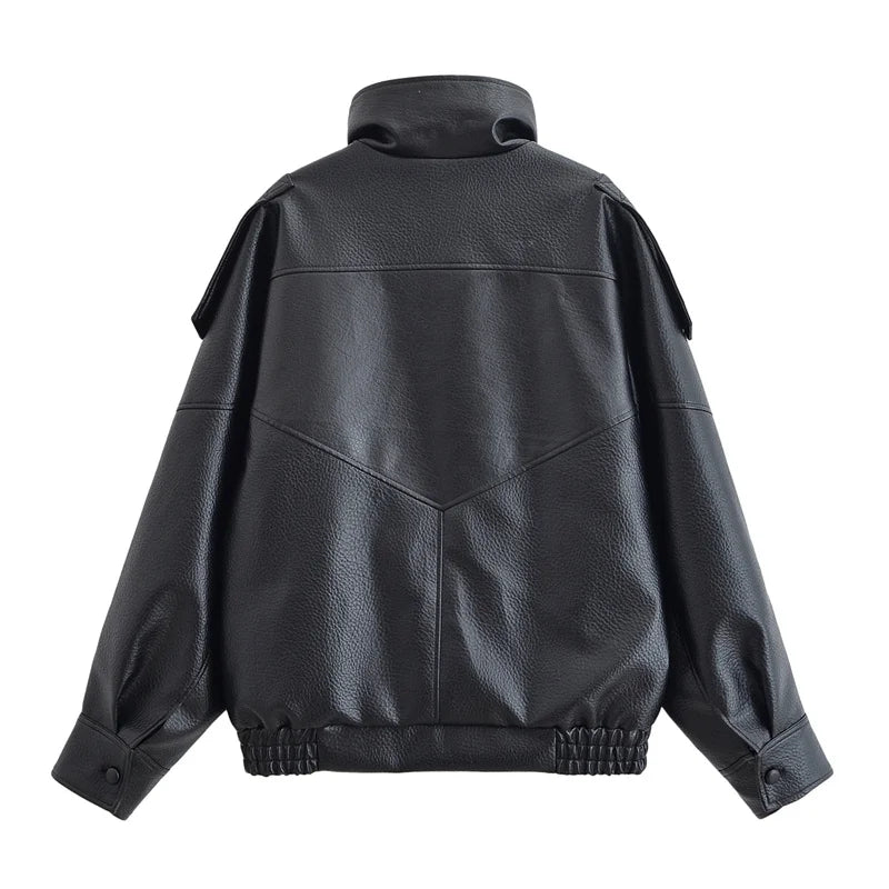 Women's Black Faux Leather Motorcycle Jacket – Long Sleeve Casual Coat