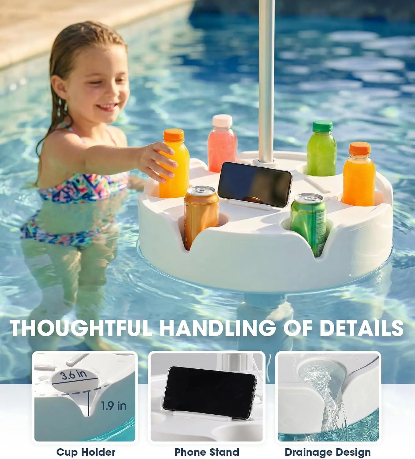 7FT Floating Pool Umbrella with Base & Cup Holders – Portable In-Pool Shade Table & Sun Shelter with Carry Bag