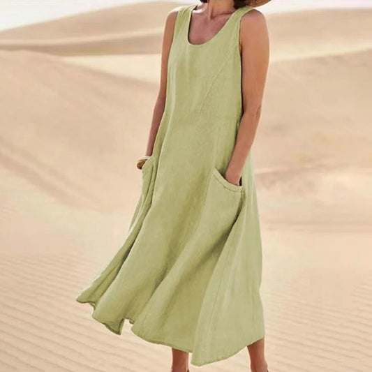 Women's Summer Cotton Linen Sleeveless Loose Maxi Dress with Pockets