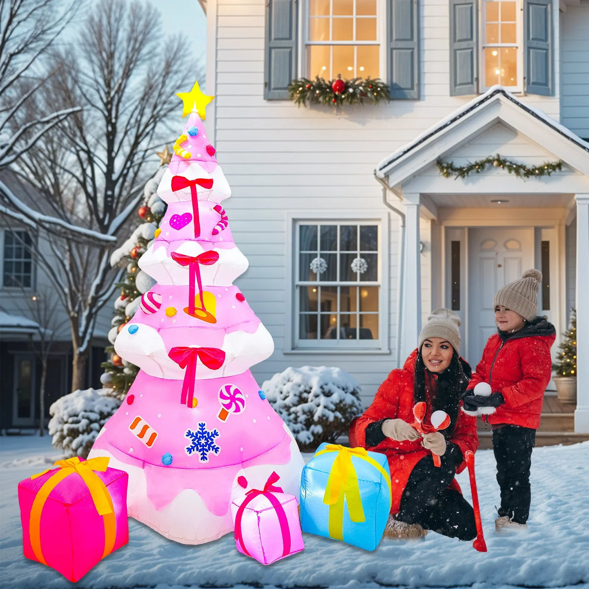 8ft Pink Inflatable Christmas Tree with LED Lights - Outdoor Yard Decor