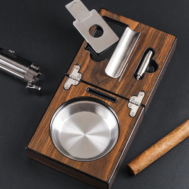 Solid Walnut Wood Foldable Ash Tray with Cigar Cutter Holder