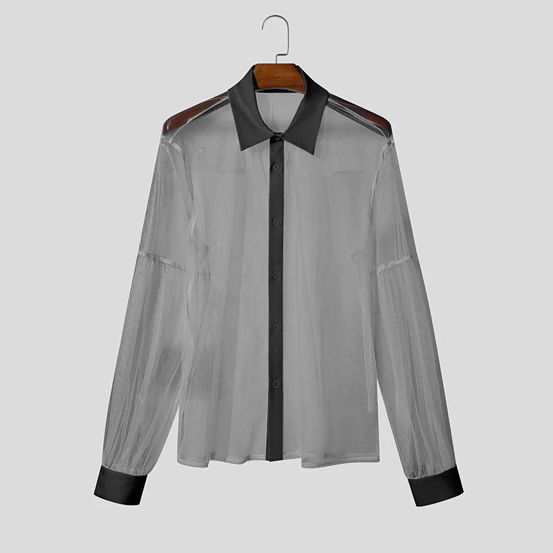 INCERUN Men’s Mesh Patchwork Long Sleeve Button-Down Shirt – Summer Streetwear See-Through Top