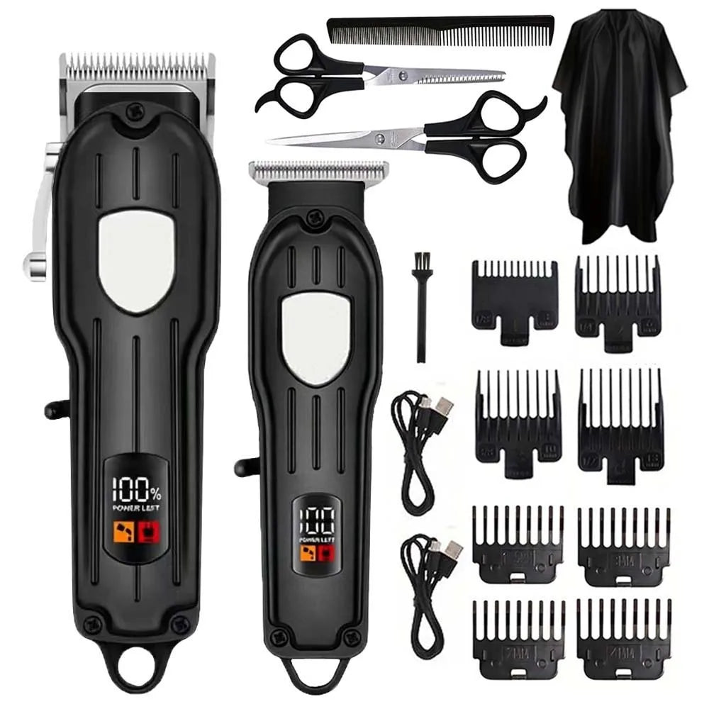 Professional Cordless Hair Clipper & Trimmer Set – USB Rechargeable Grooming Kit with LCD Display
