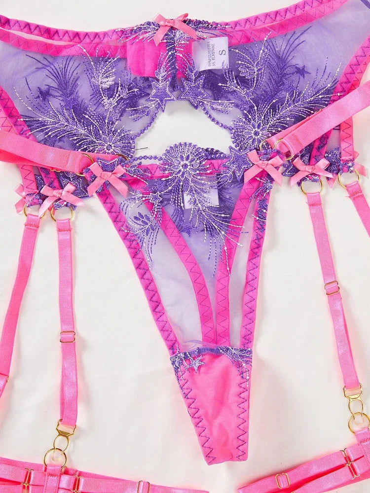 Women’s Pink Floral Lace Lingerie Set – Sensual Contrast Garter Belt & See-Through Bra 3PC Set
