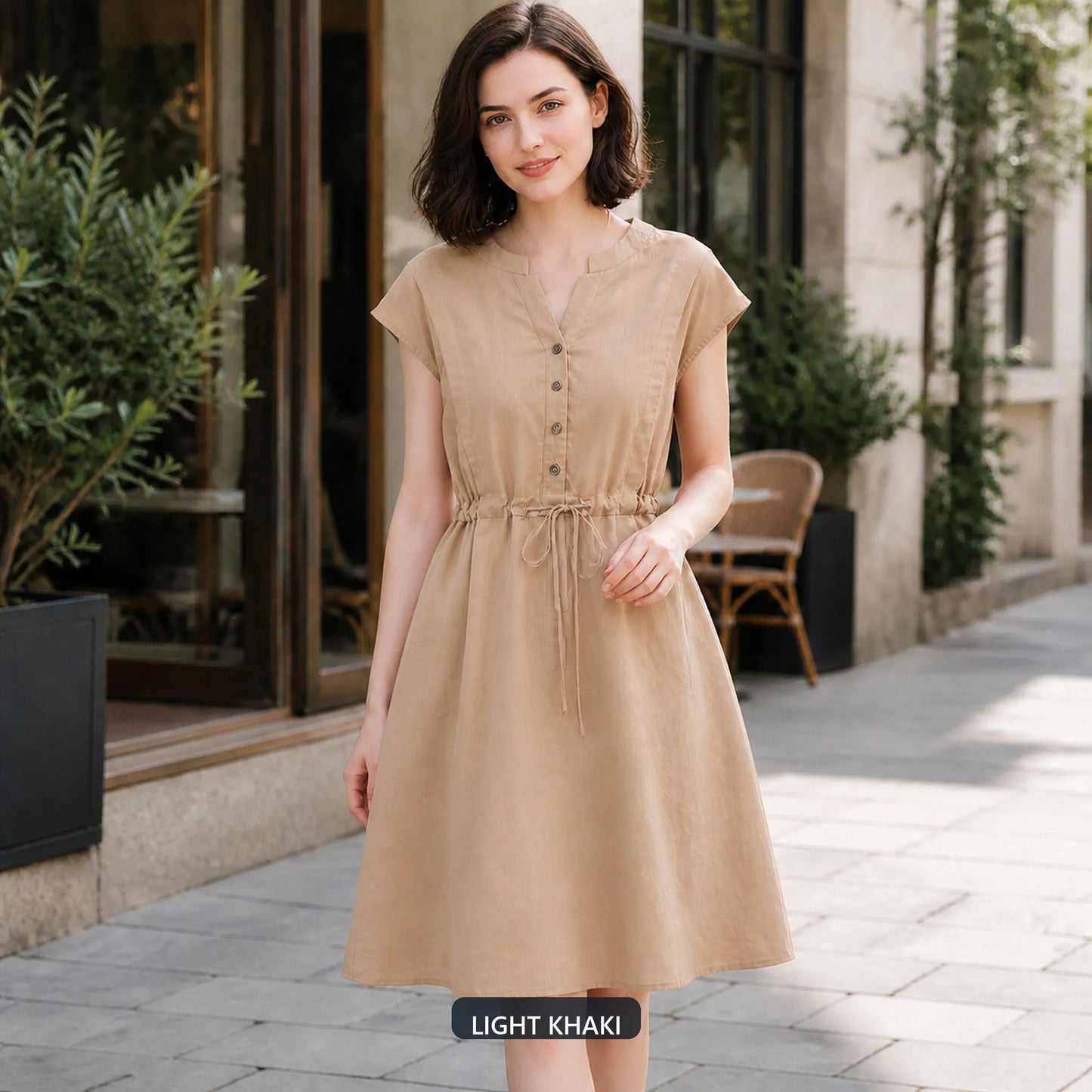 Women's Summer Cotton Linen Short Sleeve Button-Down A-Line Dress