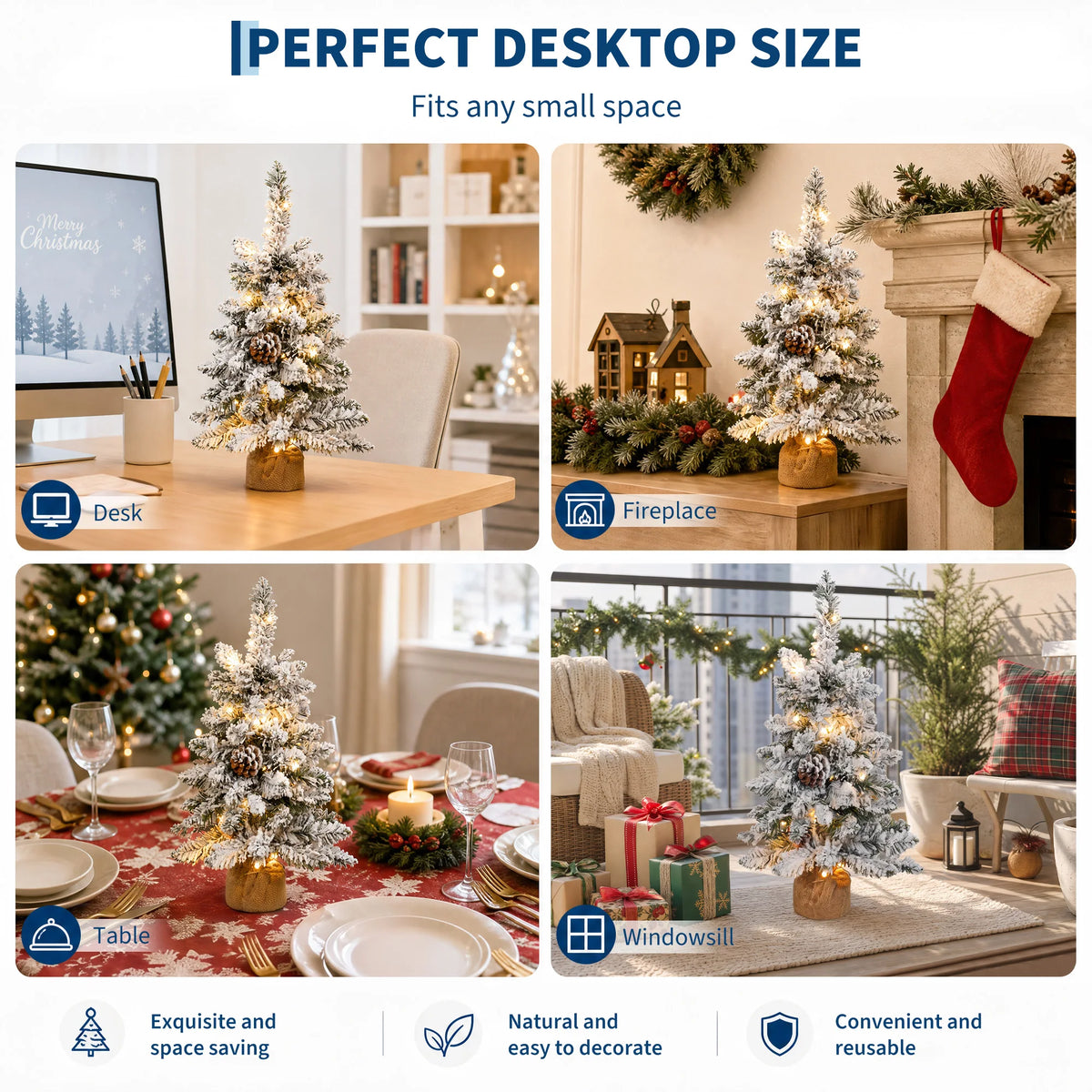 24-Inch Pre-Lit Snowy Tabletop Christmas Tree – Flocked Mini Xmas Tree with LED Lights & Ornaments