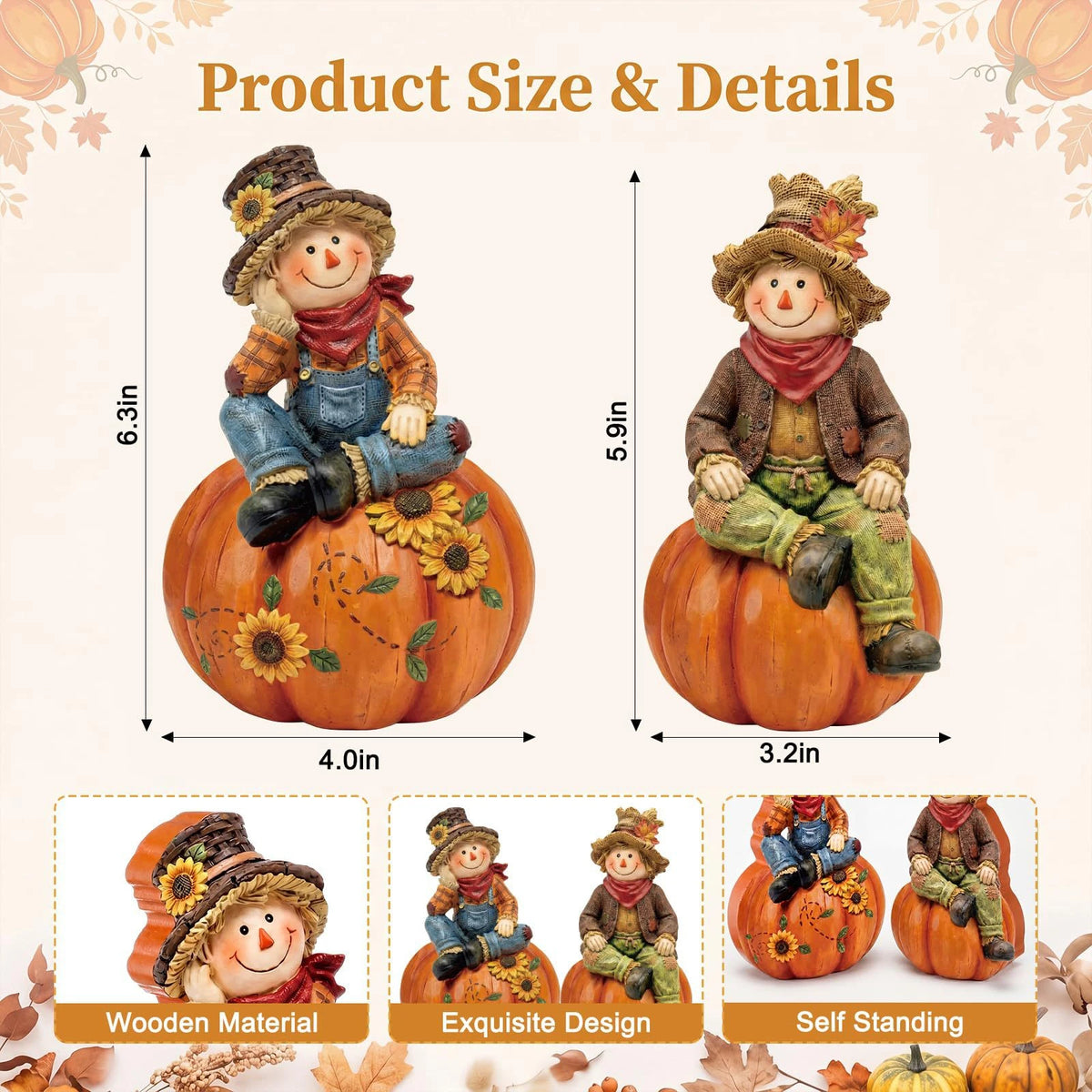 2-Piece Autumn Scarecrow Wooden Table Ornaments - Thanksgiving Standee Decor Set