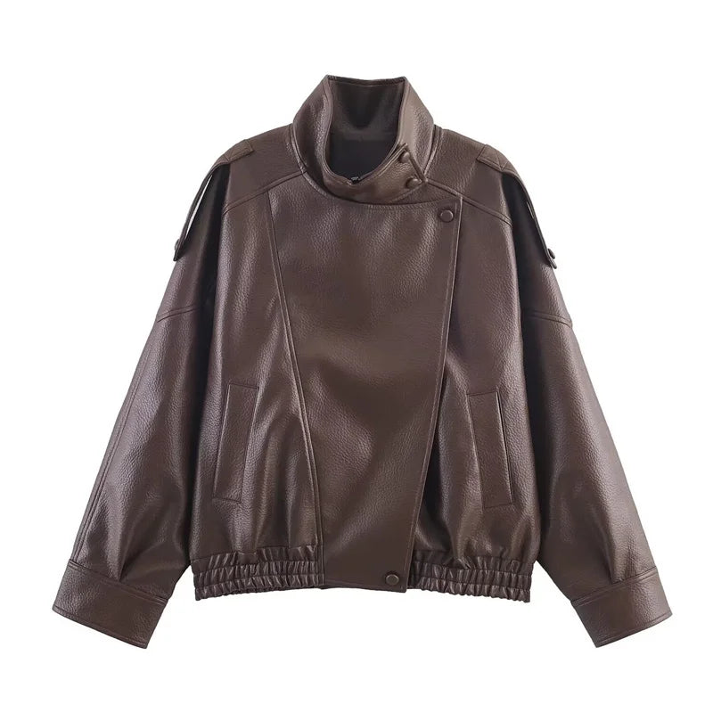 Women's Black Faux Leather Motorcycle Jacket – Long Sleeve Casual Coat