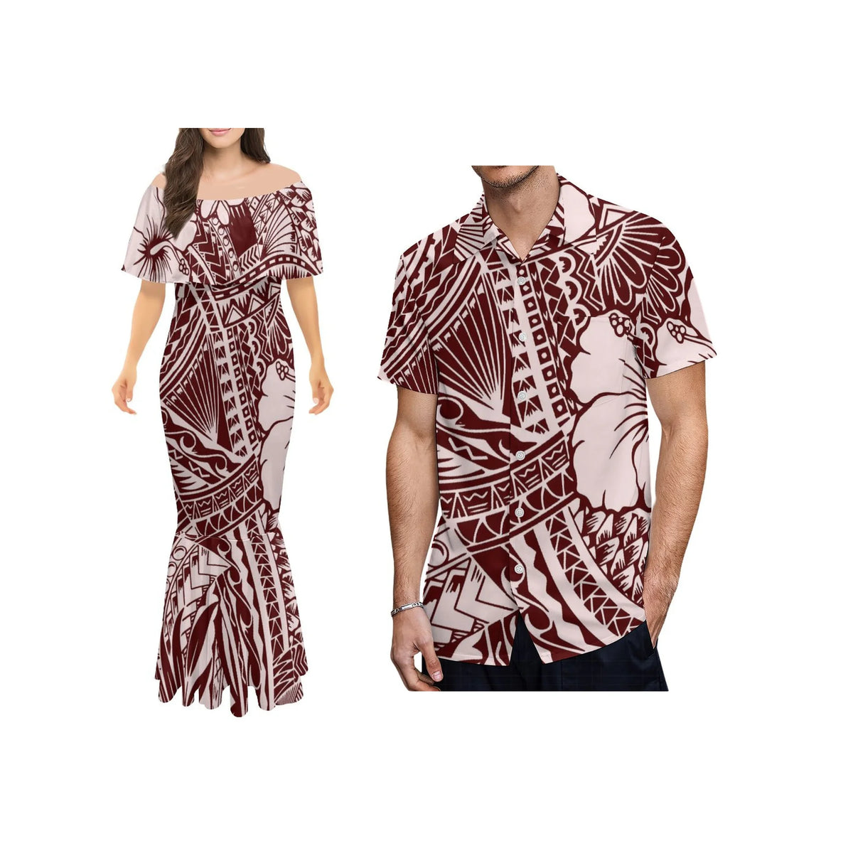 Polynesian Tribal One-Shoulder Mermaid Dress & Matching Men's Shirt
