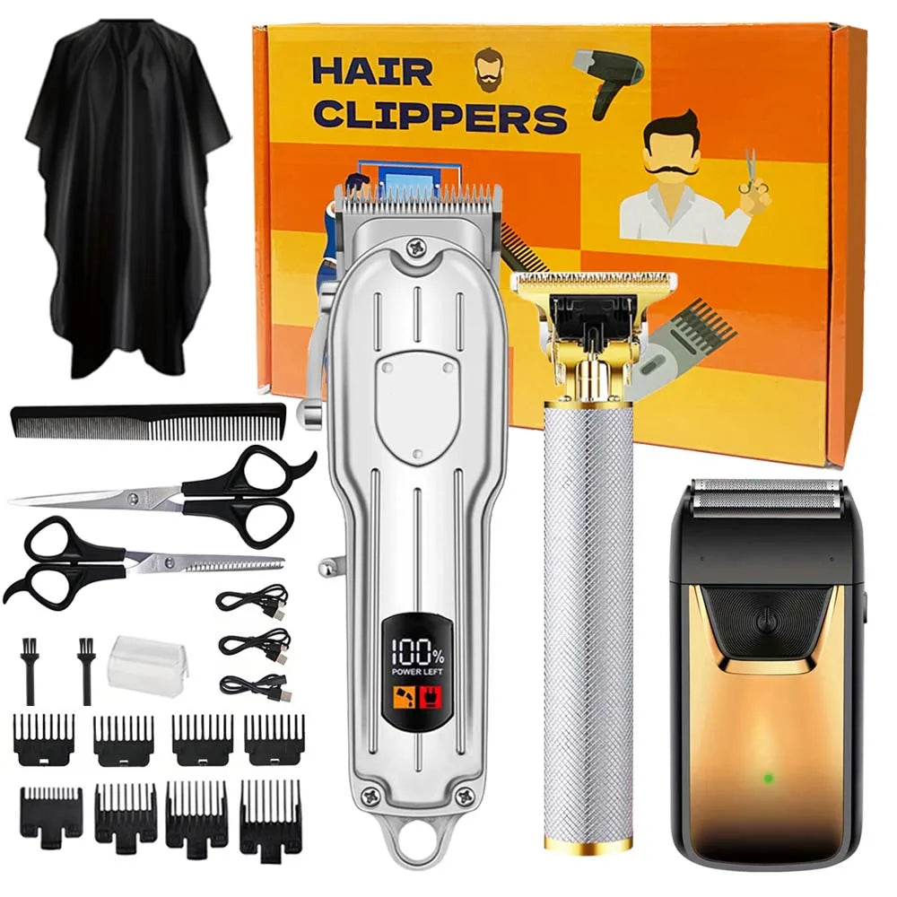 Professional Cordless Hair Clipper & Trimmer Set – USB Rechargeable Grooming Kit with LCD Display