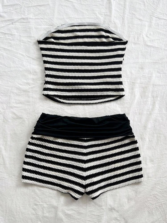 Black and white Striped Strapless Shorts Set,