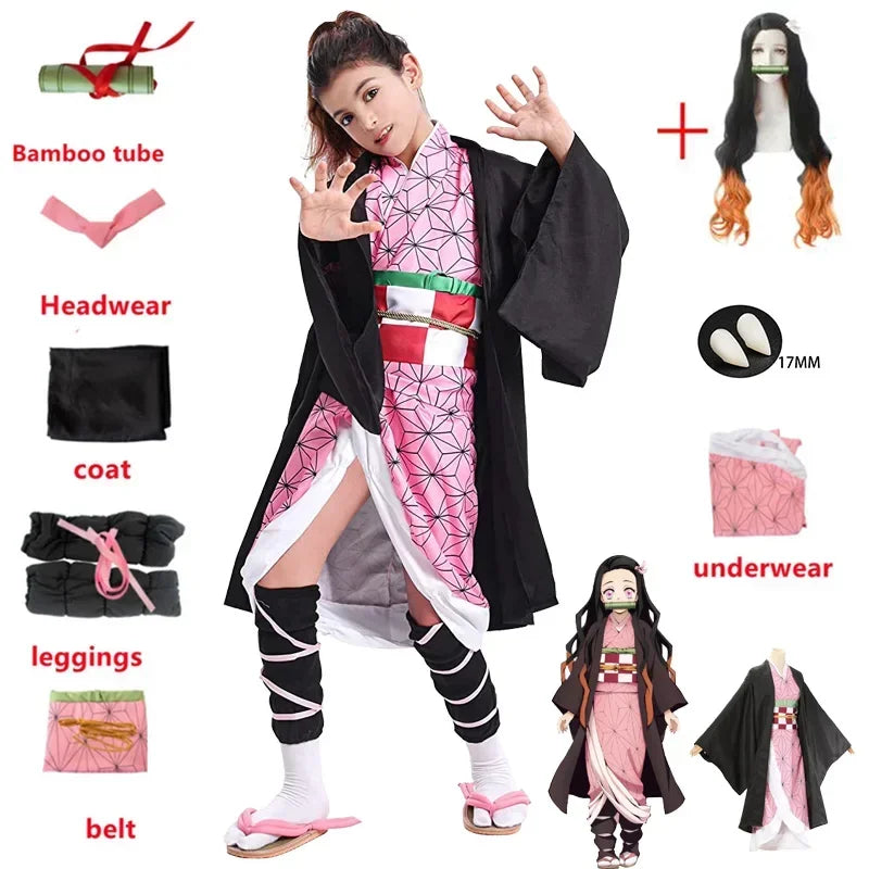 Demon Slayer Kamado Nezuko Cosplay Costume Set for Women & Kids