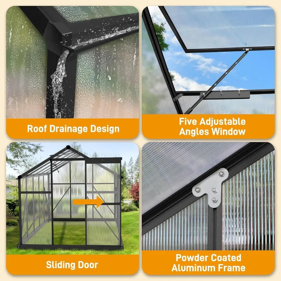 6x10FT Heavy Duty Polycarbonate Greenhouse with 5 Roof Vents