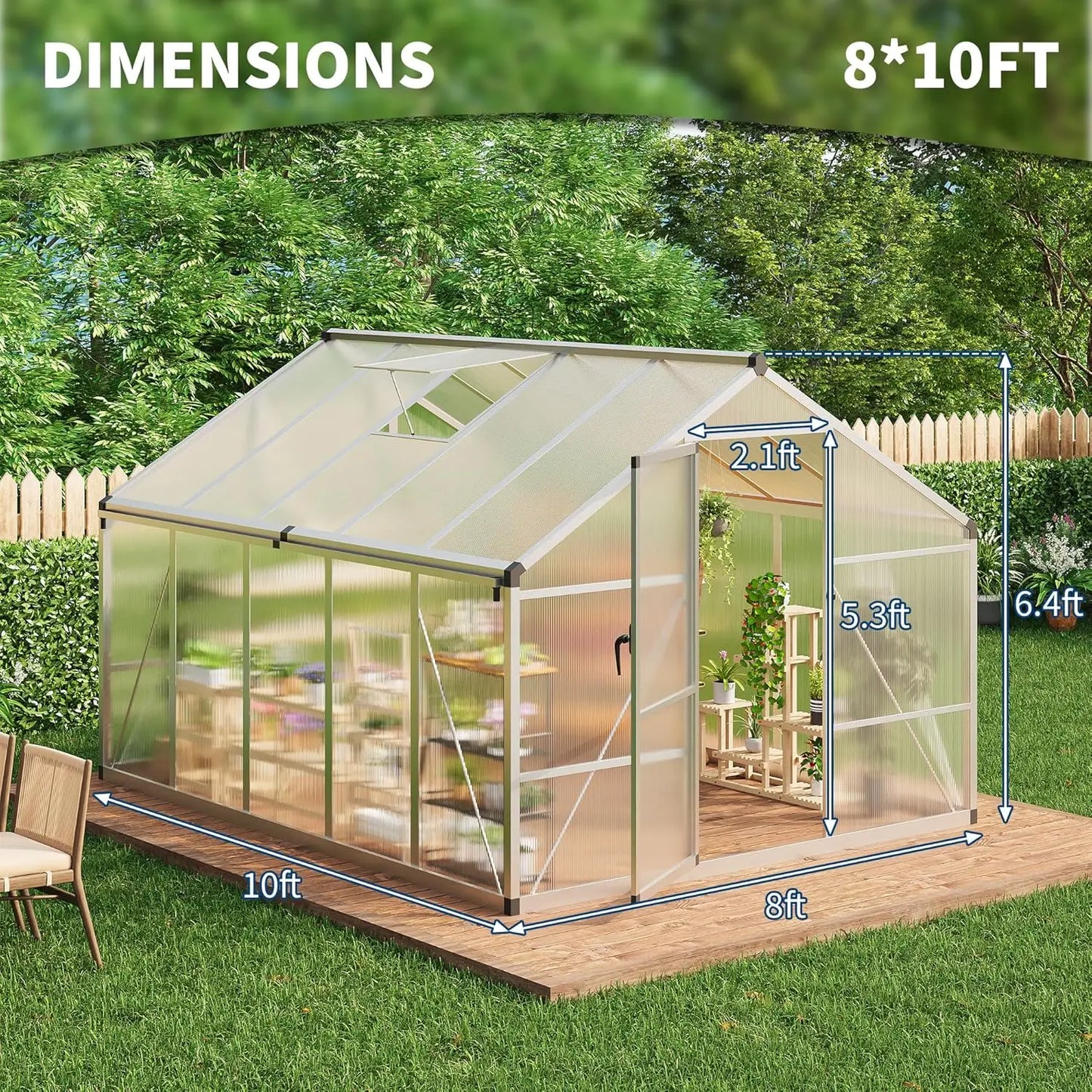 8x10FT Walk-in Polycarbonate Greenhouse with Roof Vent, Ground Nails, Lockable Push Door