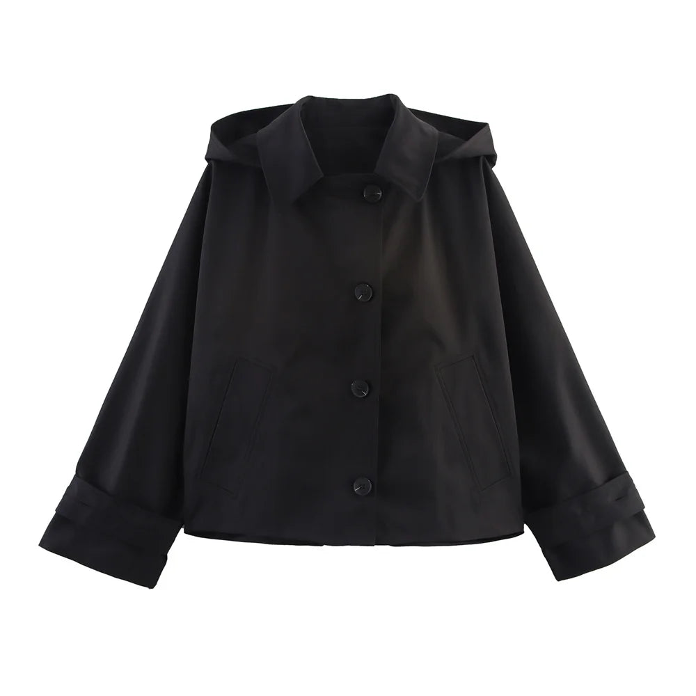 Women's European & American Style Hooded Lapel Jacket – Single-Breasted Trench Coat