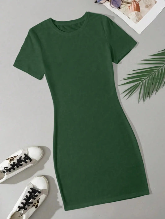 Simple Green Slim Fit Mini Dress