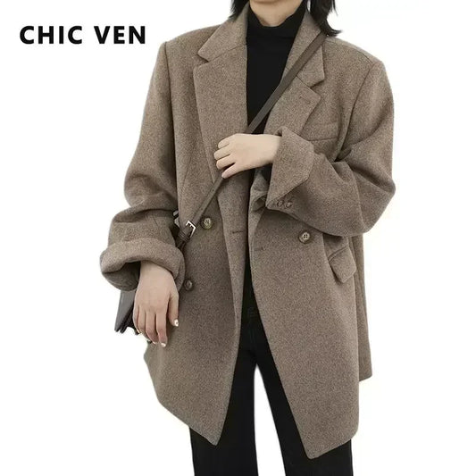 CHIC VEN Women's Elegant Mid-Long Wool Blend Overcoat