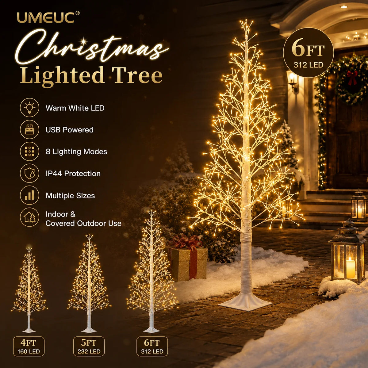 Pre-Lit LED Christmas Branch Tree – USB Powered Holiday Decor with 8 Lighting Modes (4FT-6FT)