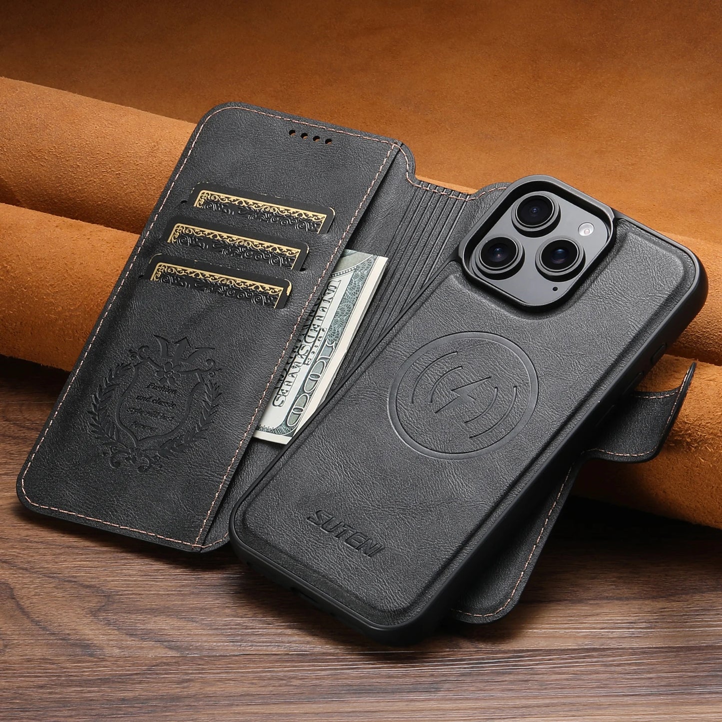 Faux Leather Wireless Charging Card Holder For iPhone
