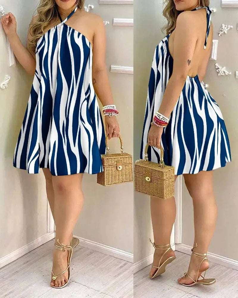Women's Tropical Leaf Print Halter Neck Mini Dress – Sleeveless Backless Beach Sundress