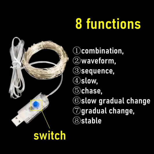 USB LED Copper Wire Fairy String Lights – 8-Mode Holiday & Party Garland