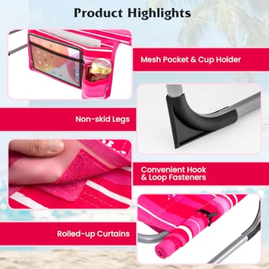 Pink Stripe 330LBS Capacity Beach Lounge Chair with Face Arm