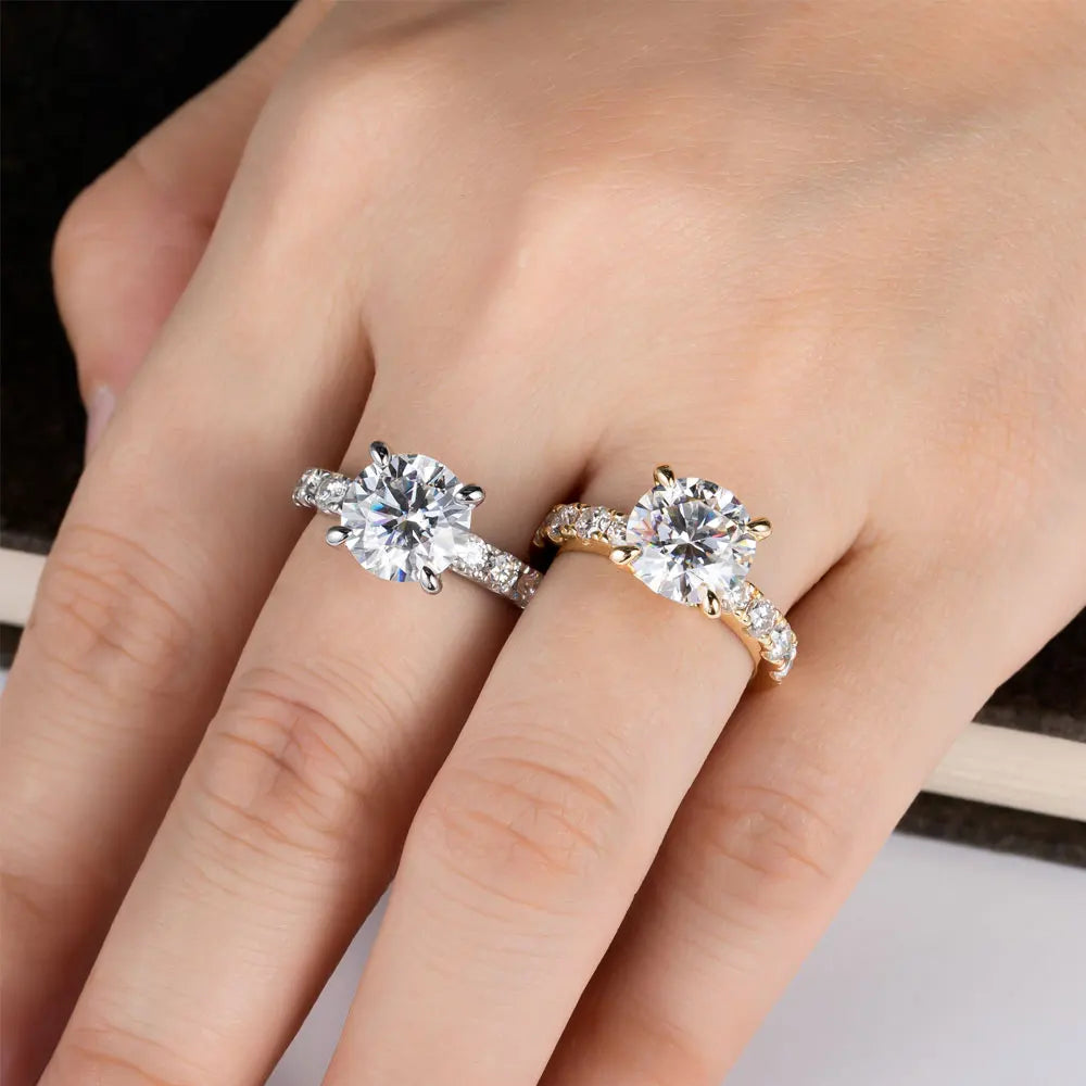 S925 Sterling Silver Round Cut Moissanite Engagement Ring – 3.5CT Golden Accent